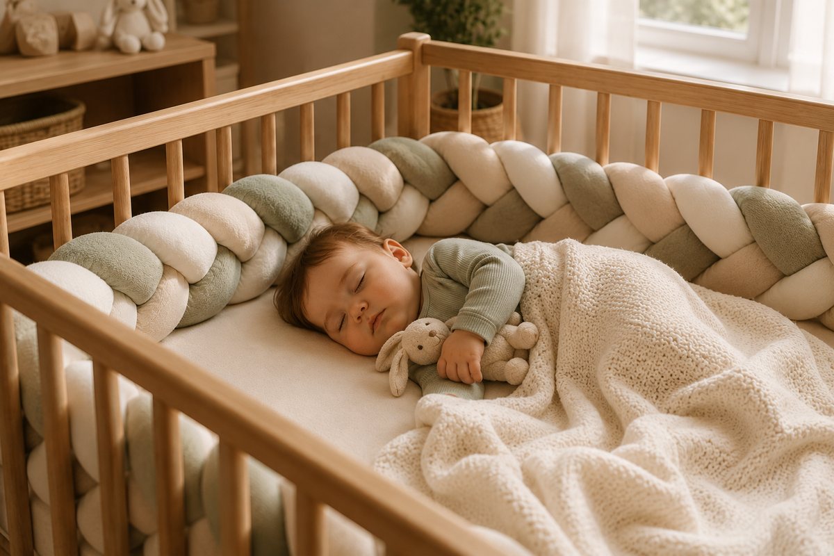 Tresse de lit bébé installée entre les barreaux d'un lit à barreaux