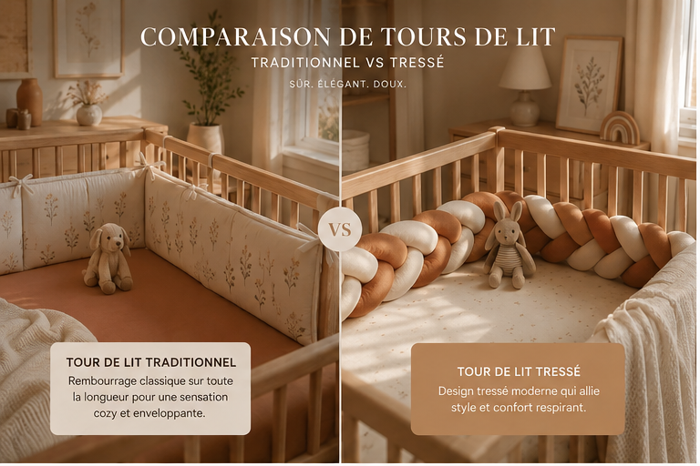 Comparaison entre un tour de lit classique rembourré et une tresse de lit bébé